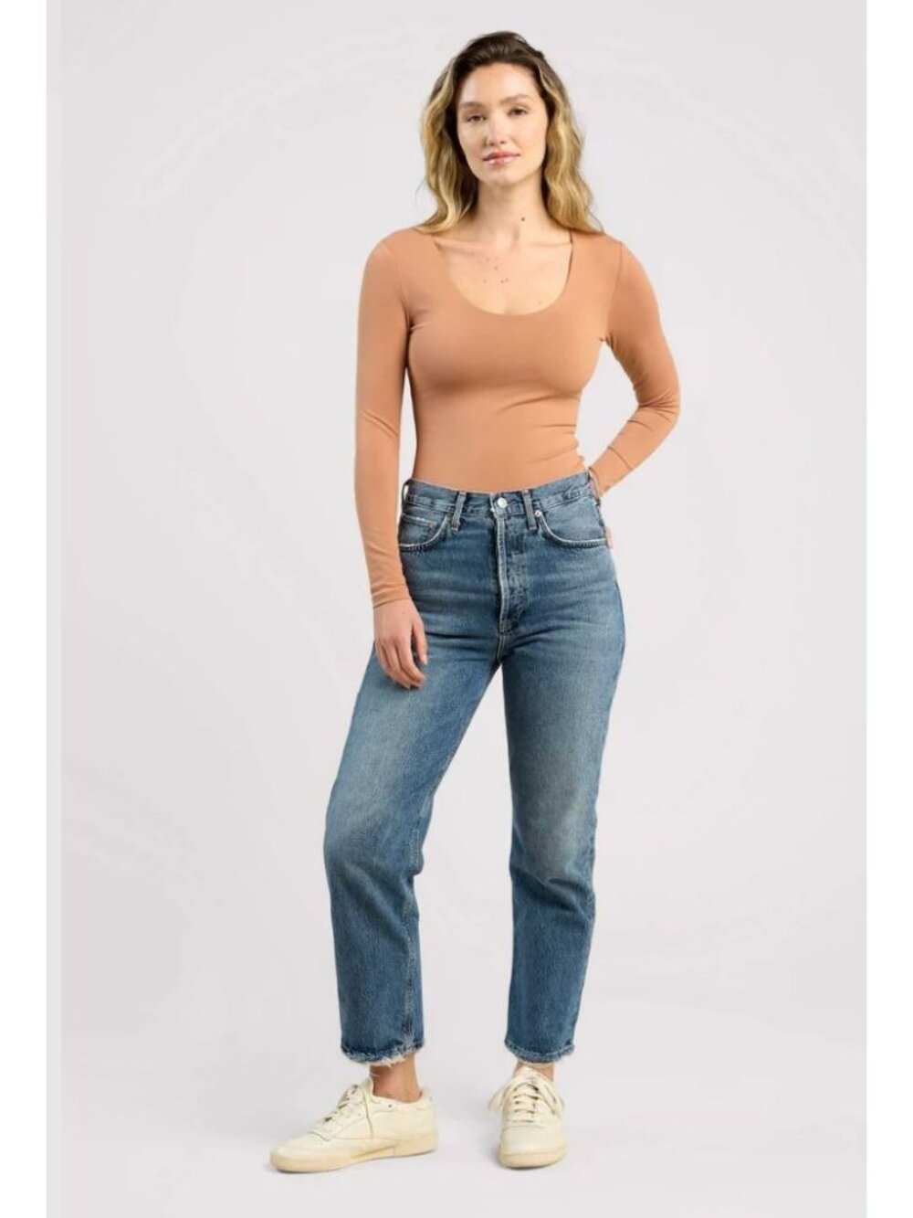 Nuuds Long Sleeve Scoop Neck Bodysuit Clay Size Small Soft Basic